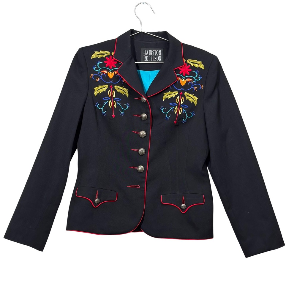 Hairston Roberson Blazer Women M Black Western Embroidered Piping Concho Buttons